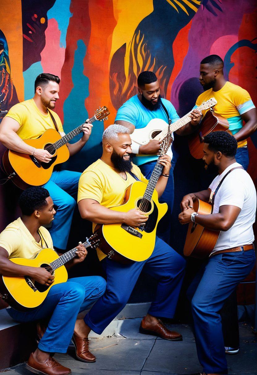 A celebration of masculinity depicted through a diverse group of men showcasing various styles and body types, engaged in artistic activities like painting, sculpting, and playing musical instruments. The background features intricate murals representing strength and creativity, with natural light enhancing the warm hues of their skin and clothing. Emphasize emotional expressions and camaraderie among them. super-realistic. vibrant colors. artistic atmosphere.