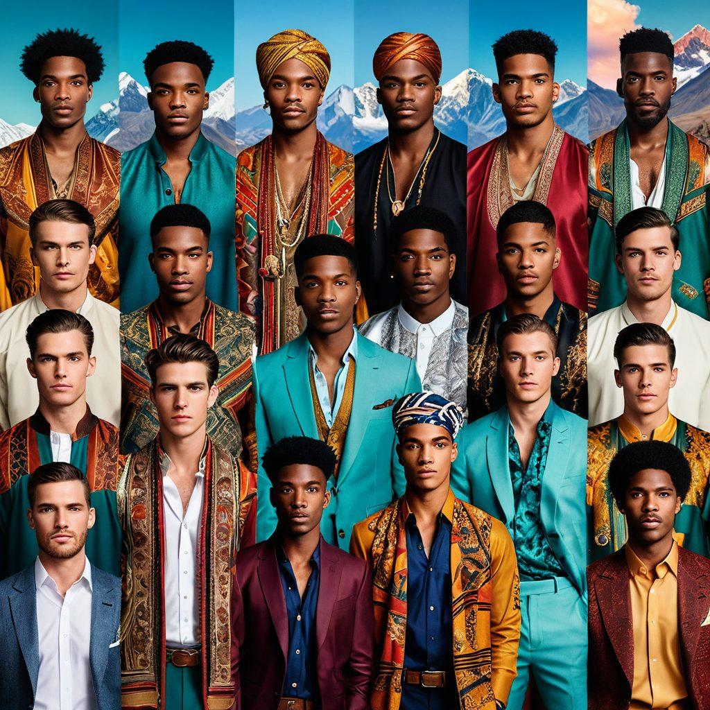 A collage of diverse male portraits showcasing different styles of masculinity, featuring strong facial expressions, traditional attire, and modern fashion. The background should include soft gradients that symbolize strength and resilience. Incorporate elements of nature, like mountains and forests, to represent the journey. Make the colors rich and vibrant to evoke emotion. super-realistic. vibrant colors. soft gradients.
