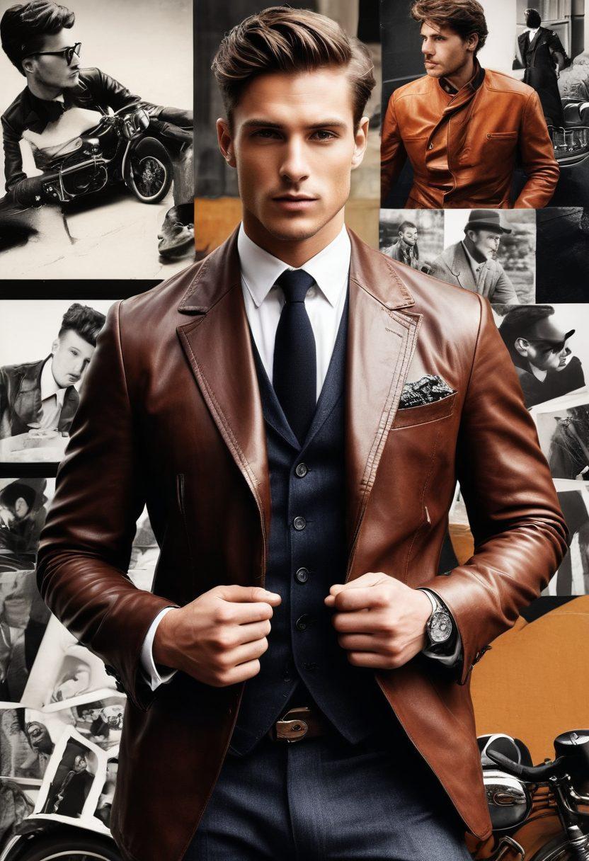 A dynamic collage representing various male archetypes in photography, featuring a distinguished gentleman in a tailored suit, a rugged maverick with a leather jacket, and an artistic individual with unique fashion. Include elements like camera equipment, vintage props, and urban backgrounds to capture their personalities. Bright and contrasting colors to enhance the diversity and energy of the compositions. vibrant colors. collage style.